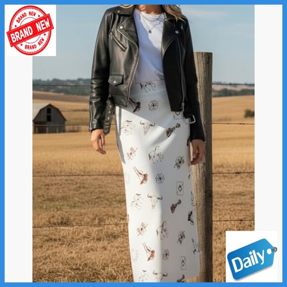 High Waist Maxi Skirt A-Line Western Print Silk Touch Polyester - Picture 6 of 7